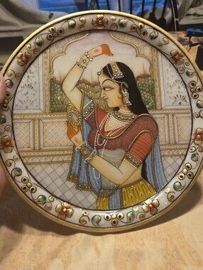 Handcrafted Traditional Marble Plate with hand Painted Indian Bride for Decor 